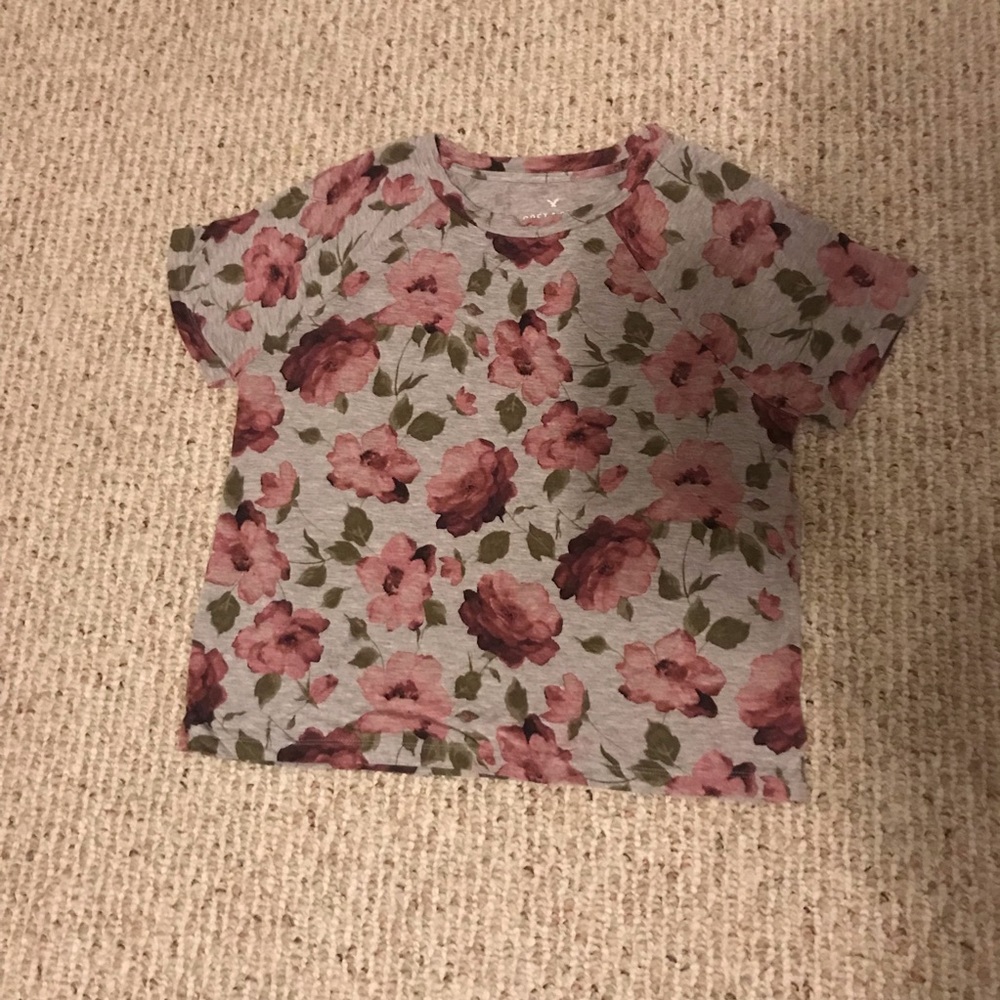 grey t-shirt w/ pink floral design from aeo